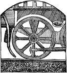 A wheel that communicates motion; the wheel of a locomotive, which, adhering to the track, communicates the power of the steam-engine to the vehicle.