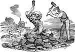 Two men with hammers and a pile of rocks.
