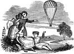 A group of people pointing at a hot air balloon in the distance.