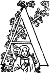 Decorative letter 'a', with a hooded figure reading a book.
