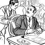 A man writing at a desk, being interrupted by another man.