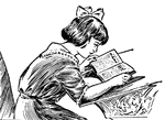 A girl squinting at a book.
