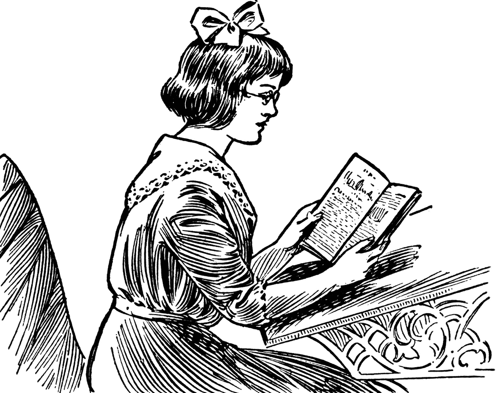 girl reading clipart black and white