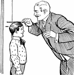 A man measuring the height of a boy against a wall.