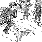 A child with a snowshovel, and two children in the background building a snowman.