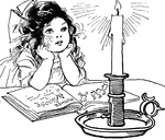 A girl with a book, staring at a lit candle.