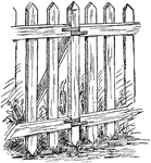 "Procure pickets two inches wide, by half an inch thick, and six feet long; nail them to two rails, three inches square and twelve feet long; at each end of every rail, U-shaped pieces of stout hoop-iron (hogshead iron is best) are fastened by screws, so as to form staples, through which posts seven feet long and two and a half inches in diameter, pointed at both ends, are thrust and set firmly in the ground." &mdash; Harcourt, 1889