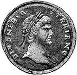 The front of a roman coin.