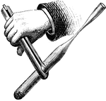 A slender tube, held by a pair of tongs.