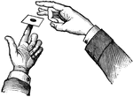 A card and coin balanced on one finger, with the other hand poised to flick it off.