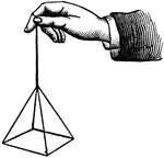 A hand holding a square pyramid, suspended by a string.