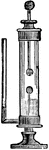 "Various methods have been devised for measuring electrostatic quantity, one of the simplest of which is with the Kinnersley electrical air-thermometer. When a spark passes between the balls within the larger tube, the confined air is expanded, and the liquid column in the smaller communicating tube rises, and thus approximately indicates the quantity of the charge." &mdash; Avery, 1895