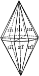 "The ditetragonal pyramid is a form composed of sixteen isoceles trianglular faces, each of which intersects all three of the crystallographic axes, cutting the two horizontal axes at different lengths." &mdash; Ford, 1912
