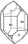 "Terminated usually by a combination of a positive and negative rhombohedron, which often are so equally developed as to give the effect of a hexagonal pyramid. Sometimes one rhombohedron predominates or occurs alone." &mdash; Ford, 1912