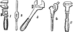 "1, Screw-wrench; 2, Tap-wrench; 3, Angle-wrench; 4, Tube-wrench; 5, Monkey-wrench for hexagonal and square nuts." &mdash; Williams, 1889
