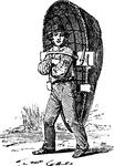 A fisherman with a coracle boat on his back.
