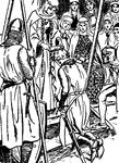 Scene from <em>The Tale of Ivanhoe</em>. "The Lady Rowena had to award the wreath of victory to the knight of Ivanhoe, who, when his helmet was removed, was discovered, to be none other than Cedric's own son and her sweetheart. But the hero had many other adventures to face before he married the fair Rowena, as told in the romance of 'Ivanhoe.'" &mdash;Arthur Mee and Holland Thompson, 1912