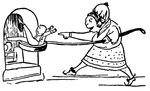 A scene from the nursery rhyme, <em>The Nonsense of Edward Lear</em>. There was an old man of Peru, who watched his wife making a stew; But once, by mistake, in a stove she did bake, that unfortunate man of Peru.