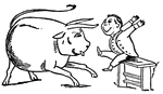 A scene from the nursery rhyme, <em>The Nonsense of Edward Lear</em>. There was an old man who said "How shall I flee from this horrible cow? I will sit on this stile, and continue to smile, which may soften the heart of the cow."