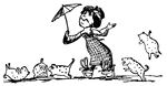 A scene from the nursery rhyme, <em>The Nonsense of Edward Lear</em>. There was a young lady of Ryde, whose shoe-strings were seldom untied; She purchased some clogs, and some small spotty dogs, and frequently walked about Ryde.