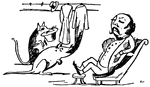 A scene from the nursery rhyme, <em>The Nonsense of Edward Lear</em>. There was an old man who supposed, that the street door was properly closed; But some very large rats ate his coats and his hats, while that sleepy old gentleman dozed.