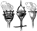 A cup of incombustible material mounted upon a pole or suspended from above, and serving to contain a light often made by burning a coil soaked in oil.