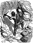 Robinson Crusoe defending the cave.