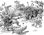 A scene from the story, <em>When The Animals Were At War</em>. The elephants poured water; the monkeys hurled cocoanuts.