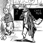 A scene from the story, <em>How Fritz Learned To Spell "Cane"</em>. Fritz was a lazy doggie. He never studied in school, but spent his time making ugly pictures of his teacher. One day Professor Barker asked: "Fritz, what does c-a-t-s spell?" "Don't know." "Then pronounce r-u-n." "Can't." "Do you know what a c-a-n-e is?" "No; don't think I ever saw one." "Then you shall feel one right now," said the Professor, and he gave Fritz a whipping with his cane. Now Fritz can spell at least one word.