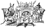 A scene from the story, <em>Mr. Bunny's Lecture</em>. Mr. Bunny when walking out one winter's day was snowballed by sme of the youngesters they say; But he took them all home, and in manner most grave, he read them a lecture on how to behave!