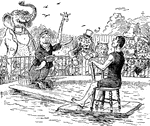 A scene from the nursery rhyme, <em>Topsy Turvy</em>. If Daddies went to school again and small boys stayed at home, if ships upon the dry land sailed and carts ran on the foam! You'd say the world, like this strange Zoo, was Topsy Turvy quite, and do you know, 'twixt you and me, I think that you'd be right.