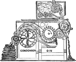 A section of the cotton gin, showing the cotton passing frrom the feeder over the cylinders.