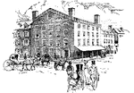 The Fraunces' Tavern in 1783. It was originally the home for Oliver de Lancey who sold it to Samuel Fraunces. The tavern was used for Revolutionary War meetings, but the British damaged it in 1775.