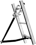 Ladder bracket on the back of a ladder. These are made in various styles. Some fasten to rungs. This one attaches to the siderails. It is not, therefore, likely to depend upon a defective rung and so it is safer. They are used as shown on the outside of the ladder to hold a plank at the top of two extension ladders in painting roof cornices. It is possible to swing these brackets to a position on the under side of the ladders. There they make an excellent scaffold from which to work on a wall or window frame.