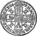 The back of an English crown coin.