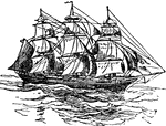 The name applied in a restricted sense to a large vessel with bowsprit and three masts, each of which carries square sails, but in an extended sense to vessels adapted for navigation, including all kinds except boats.