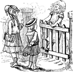 This illustration shows three young girls in their school clothes gathered around a fence.