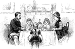 This illustration shows a family having dinner.
