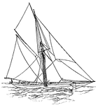 A small vessel with a single mast, a main sail, a forestaysail, and a jib set to bowsprit end.