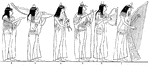 This image shows a group of ancient egyptian street musicians. (1) Woman with a tall light harp with fourteen strings. (2) Cithara. (3) Te-bouni, or banjo. (4) Double flute. (5) Shoulder Harp. (6) Singer, clapping hands.