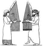 The Assyrians held music in honor, and empoyed it for liturgical purposes, as well as those of social and private life. Among the discoveries at Nineveh and Babylon are many of a musical character. Strong bearded men are playing upon harps which are of a triangular form, but of a different structure from most.