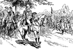 This illustration shows George Washington taking command of his troups during the American Revolution.