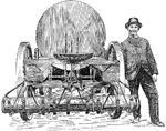 This illustration shows a machine used to put oil on roads during its construction, in the nineteenth century