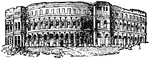 This is an illustration of the Amphitheater of Pola. It is 450 feet long and 360 broad. A temple and several ancient gates are also extant.