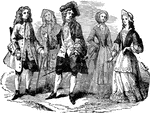 This illustration shows the costumes that were worn during the ruling of King William III and Queen Mary II.