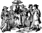 This illustration shows some of the costumes worn during Queen Anne's rule.