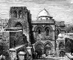 This illustration shows the Church of the Holy Sepulchre. This is a Christian church now within the walled Old City of Jerusalem. The ground on which the church rests is venerated by most Christians as Golgotha, the Hill of Calvary, where the New Testament describes that Jesus was crucified.