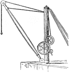 A crane in which the postis supported by fixed stays in the rear and the jib is pivoted like the boom of a derrick.