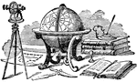An illustration with multiple instruments used for navigation. These items include a globe, compass, map and books.