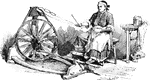 A woman spinning cotton on a spinning jenny.